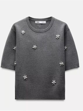 Zara Gray Crystal Floral Embellishment sweater and skirt set